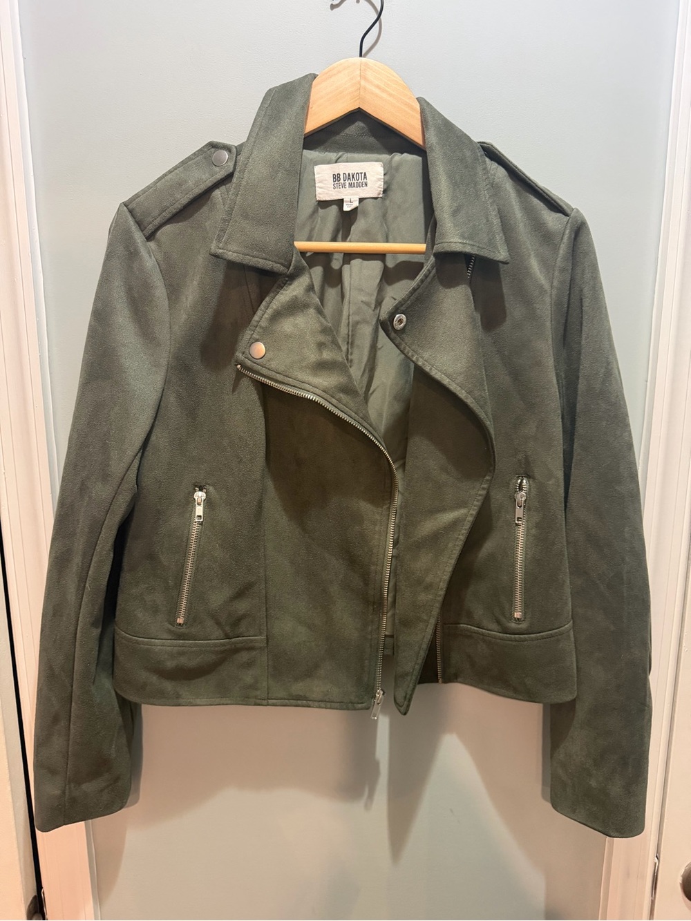 BB Dakota Olive Green Suede Moto Jacket with Silver Hardware
